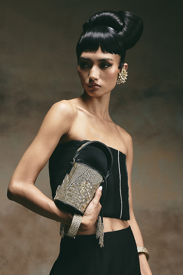 Black & Gold Leather Floral Embroidered Bucket-Shaped Potli by The Leather Garden at Pernia's Pop Up Shop