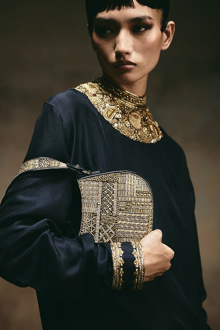 Black & Gold Leather Hand Embroidered Shoulder Bag by The Leather Garden at Pernia's Pop Up Shop