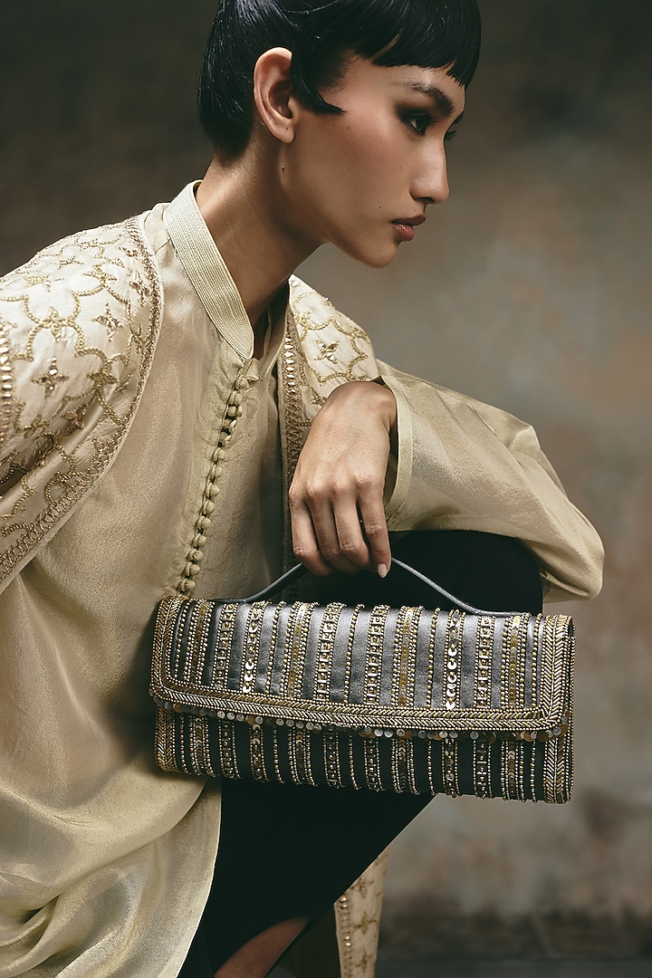Gold & Silver Leather Embroidered Clutch by The Leather Garden at Pernia's Pop Up Shop