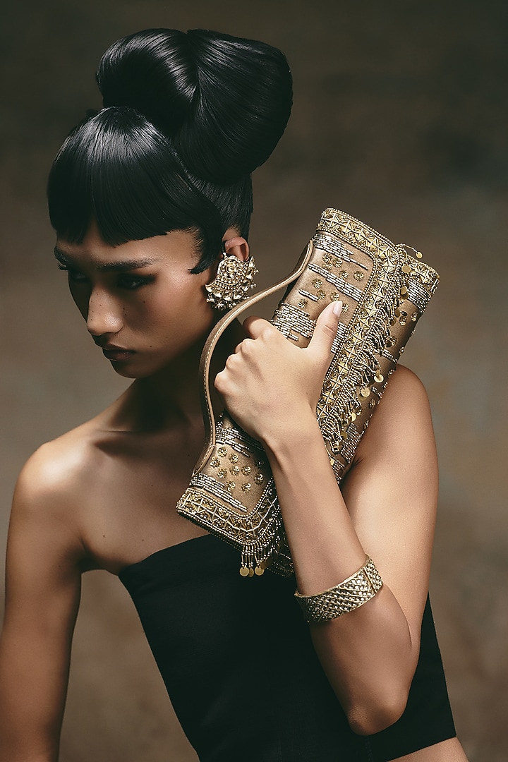 Bronze Leather Coin Embroidered Clutch by The Leather Garden at Pernia's Pop Up Shop