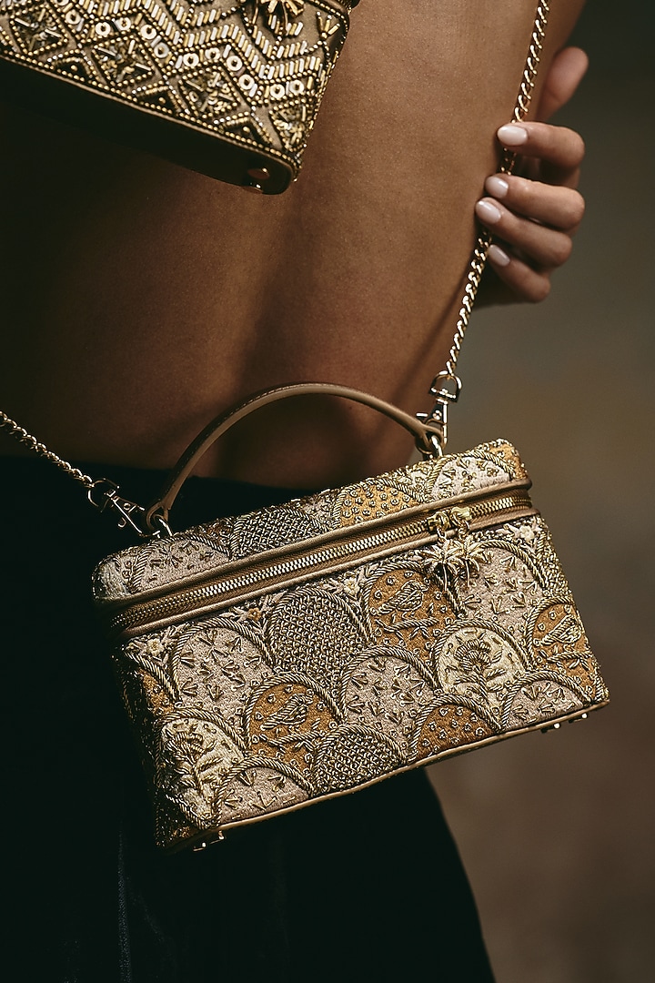Bronze Leather Dabka Embroidered Vanity Bag by The Leather Garden at Pernia's Pop Up Shop