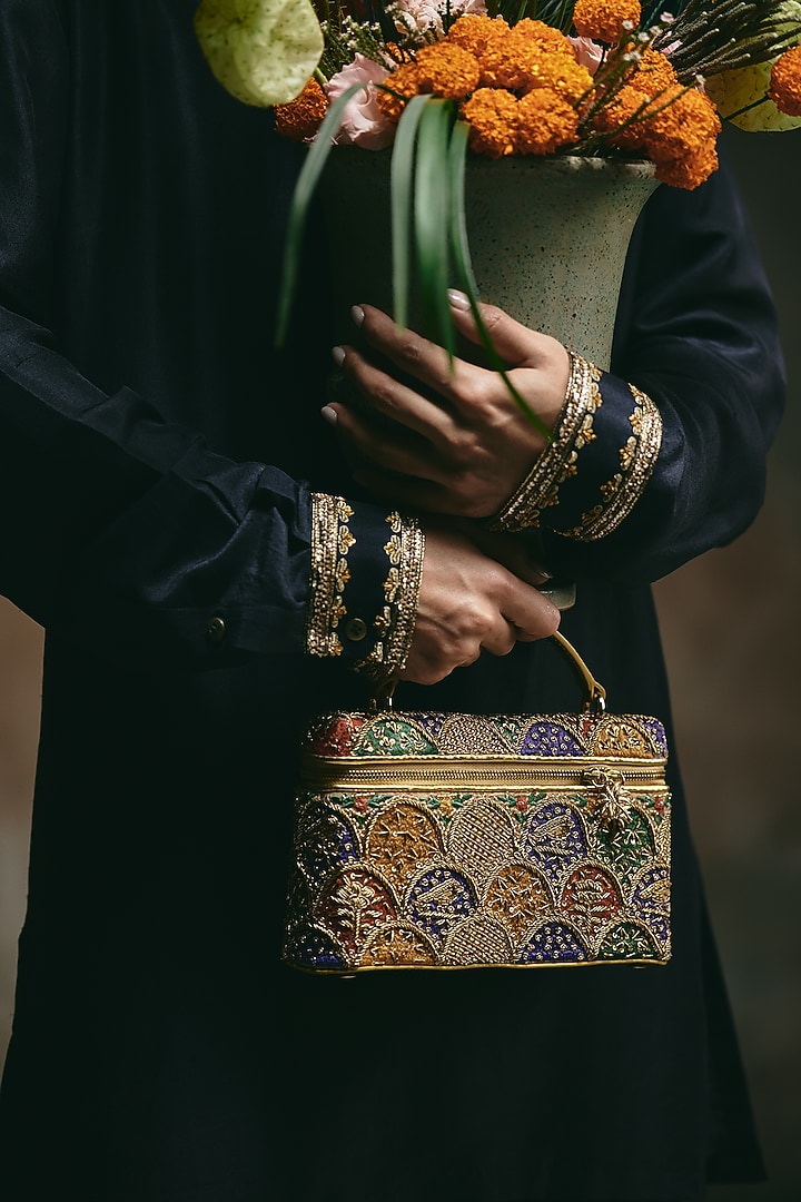 Gold Leather Dabka Embroidered Vanity Bag by The Leather Garden at Pernia's Pop Up Shop