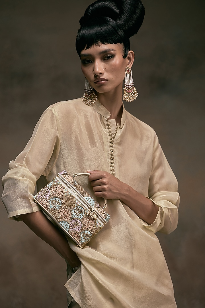 Ivory Leather Dabka Embroidered Vanity Bag by The Leather Garden at Pernia's Pop Up Shop
