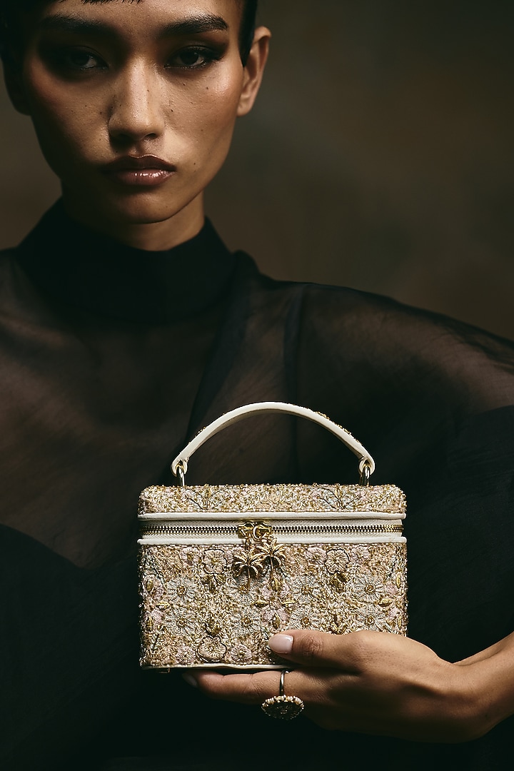 Ivory Leather Hand Embroidered Vanity Bag by The Leather Garden at Pernia's Pop Up Shop
