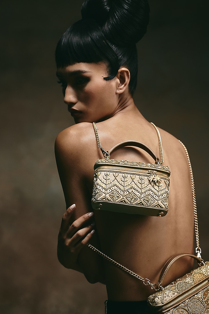 Bronze Leather Hand Embroidered Vanity Bag by The Leather Garden at Pernia's Pop Up Shop