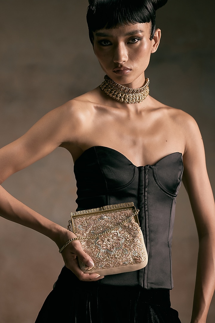 Ivory Leather Hand Embroidered Clutch by The Leather Garden at Pernia's Pop Up Shop