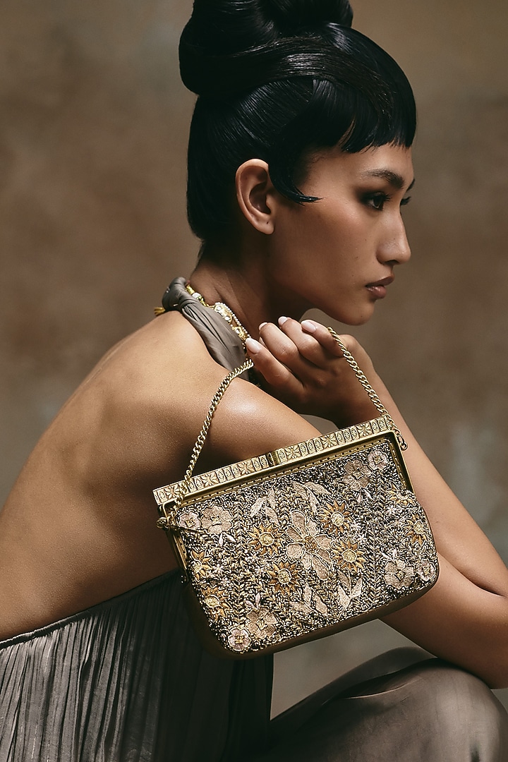 Bronze Leather Hand Embroidered Clutch by The Leather Garden at Pernia's Pop Up Shop