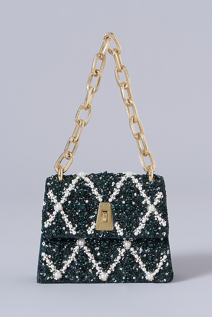 Emerald & Gold Leather Embroidered Mini Bag by The Leather Garden at Pernia's Pop Up Shop