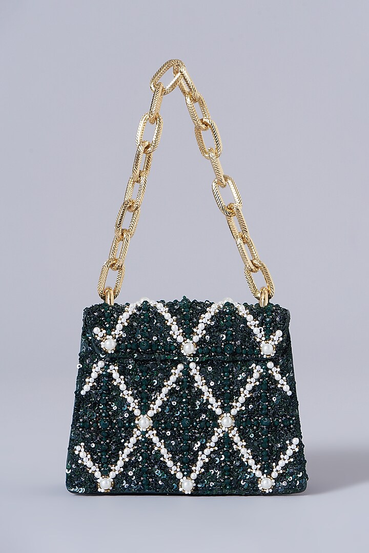 Emerald & Gold Leather Embroidered Mini Bag by The Leather Garden at Pernia's Pop Up Shop
