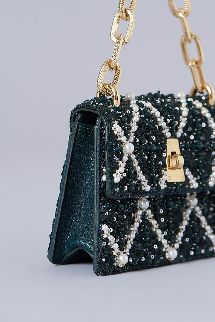 Emerald & Gold Leather Embroidered Mini Bag by The Leather Garden at Pernia's Pop Up Shop