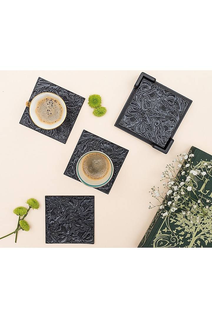 Black Leather Handcrafted Coaster Set by The Leather Garden Home & Living