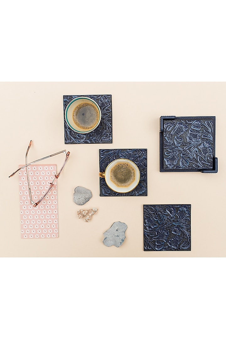 Indigo Leather Handcrafted Coaster Set by The Leather Garden Home & Living