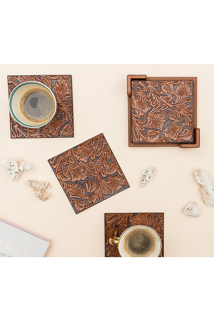 Brown Leather Handcrafted Coaster Set by The Leather Garden Home & Living