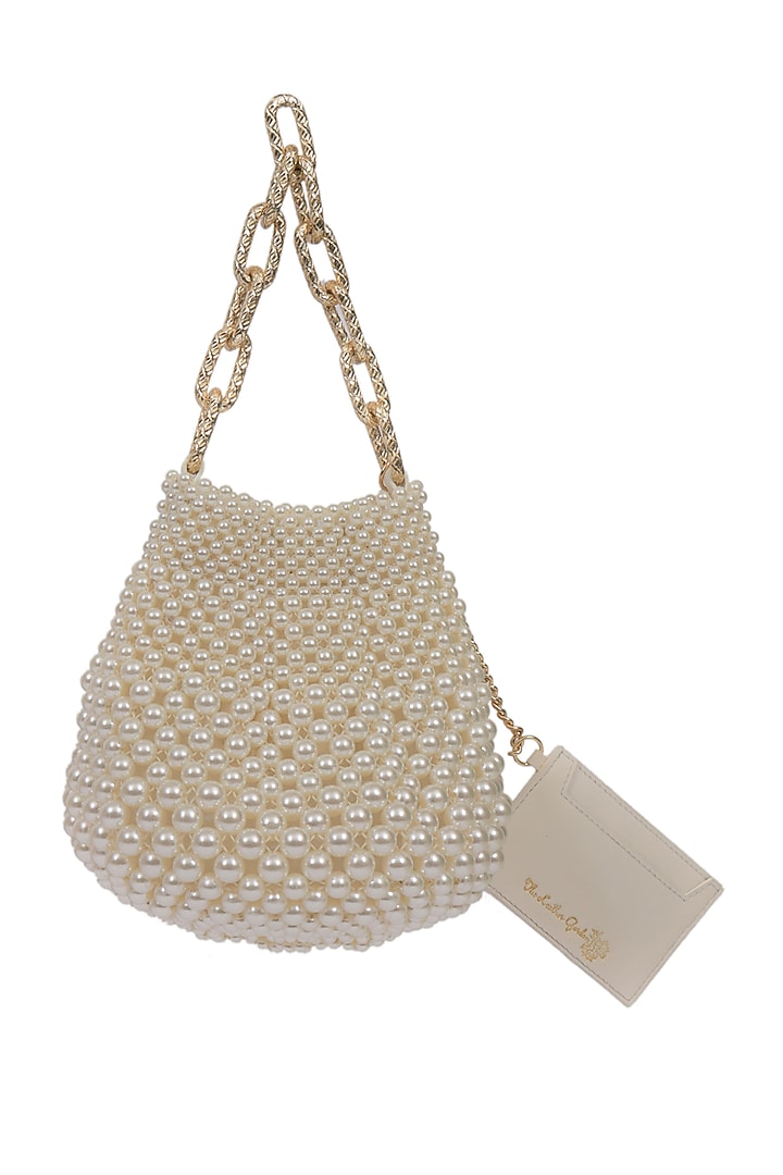 Off White Pearls Embroidered Potli Bag by The Leather Garden at Pernia's Pop Up Shop