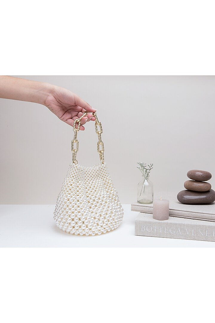 Off White Pearls Embroidered Potli Bag by The Leather Garden at Pernia's Pop Up Shop