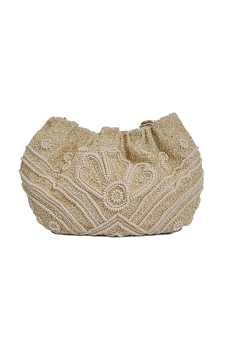 Off White Embroidered Potli Bag by The Leather Garden at Pernia's Pop Up Shop