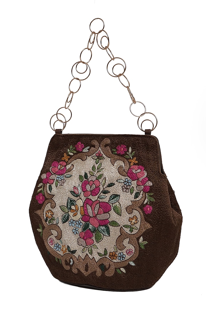 Brown Crewel Embroidered Potli Bag by The Leather Garden at Pernia's Pop Up Shop