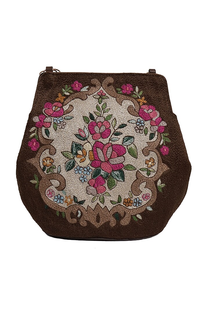 Brown Crewel Embroidered Potli Bag by The Leather Garden at Pernia's Pop Up Shop