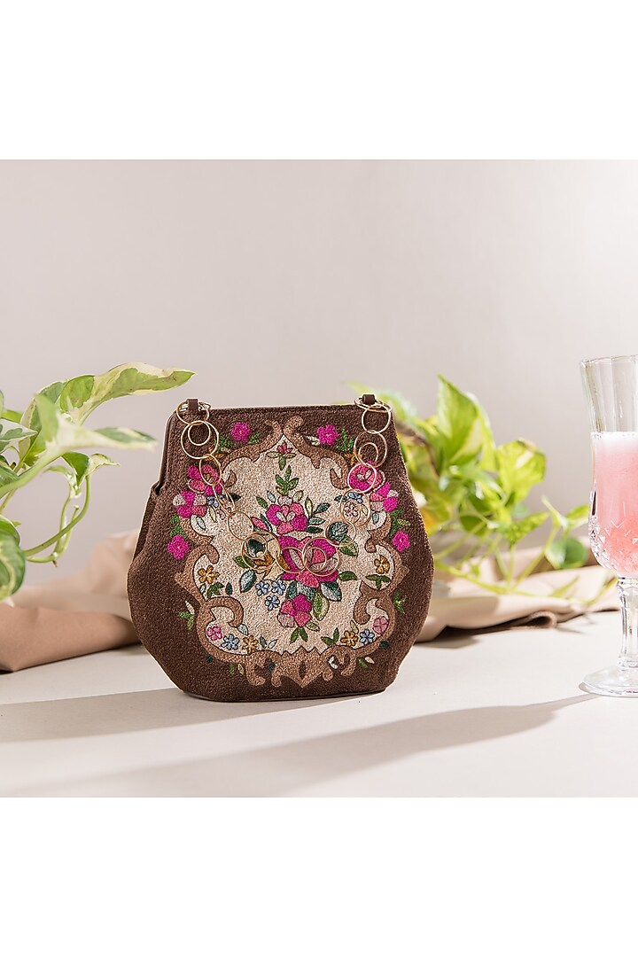 Brown Crewel Embroidered Potli Bag by The Leather Garden at Pernia's Pop Up Shop
