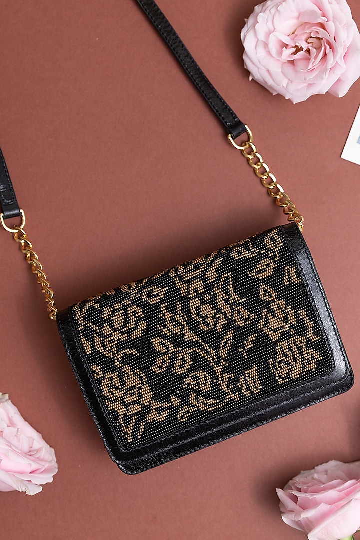 Black & Gold Leather Floral Embellished Crossbody Bag by The Leather Garden at Pernia's Pop Up Shop