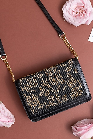 Black & Gold Leather Floral Embellished Crossbody Bag by The Leather Garden