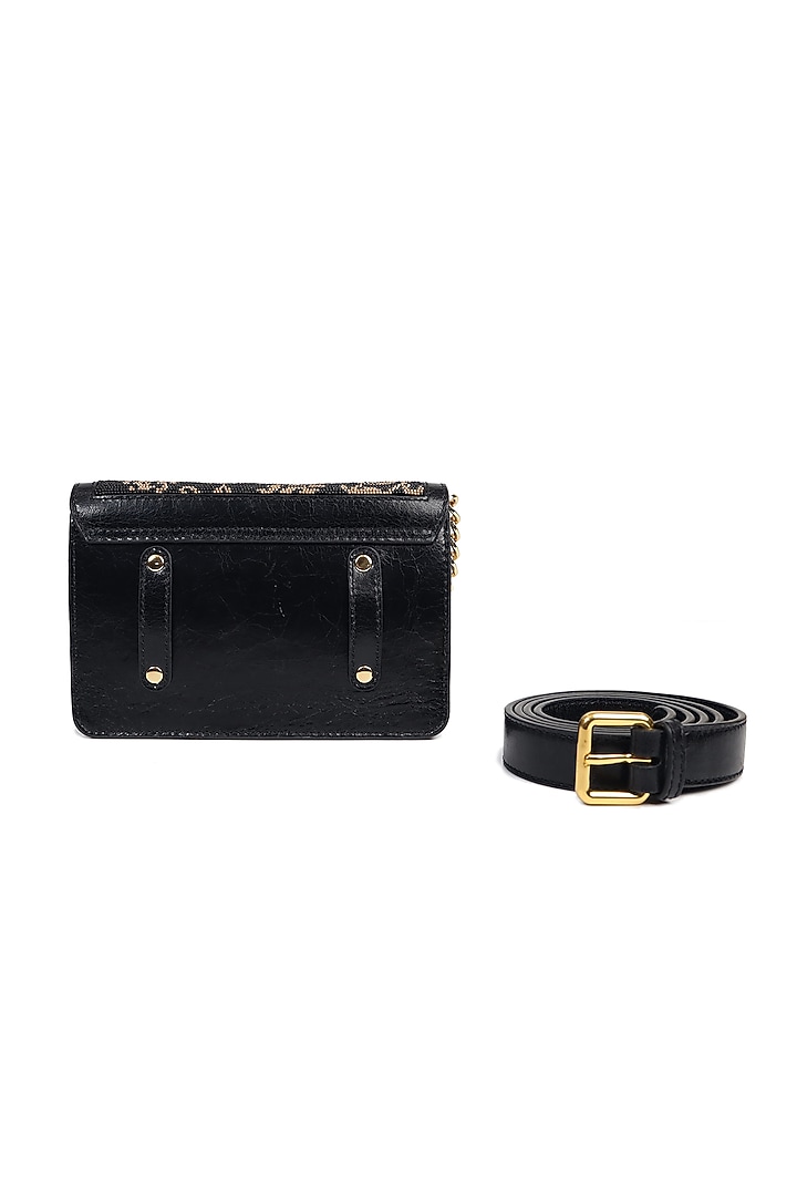 Black & Gold Leather Floral Embellished Crossbody Bag by The Leather Garden at Pernia's Pop Up Shop