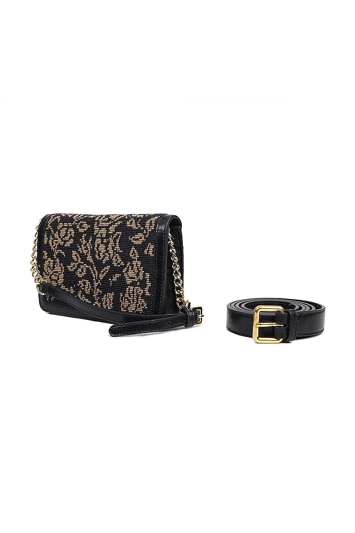 Black & Gold Leather Floral Embellished Crossbody Bag by The Leather Garden at Pernia's Pop Up Shop