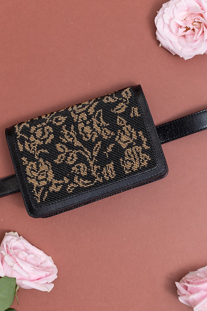 Black & Gold Leather Floral Embellished Crossbody Bag by The Leather Garden at Pernia's Pop Up Shop