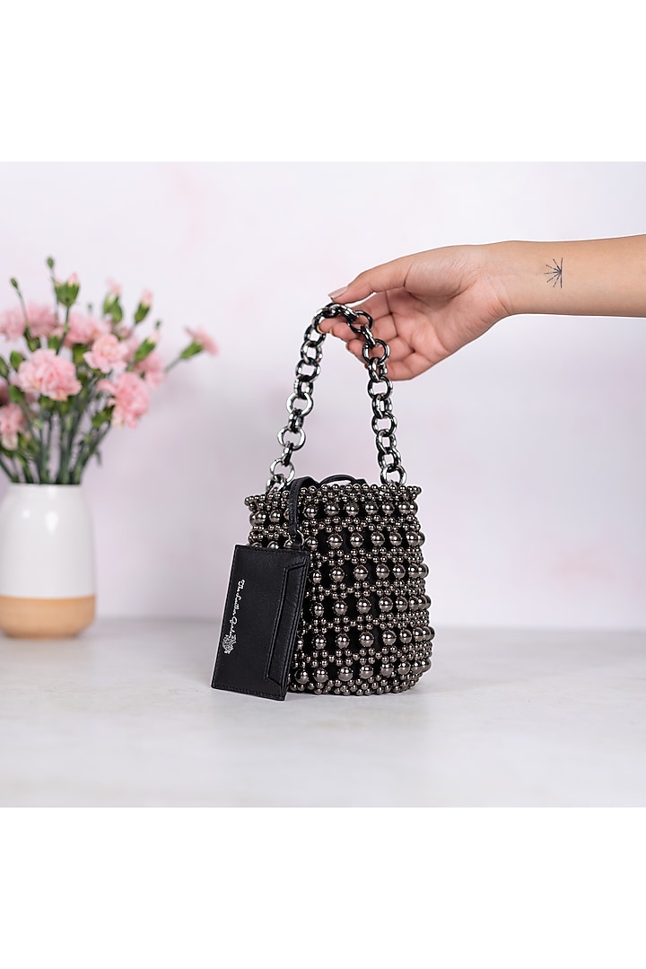 Gunmetal Embroidered Polti Bag by The Leather Garden at Pernia's Pop Up Shop