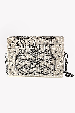 White Floral Hand Embellished Mini Box Bag by The Leather Garden