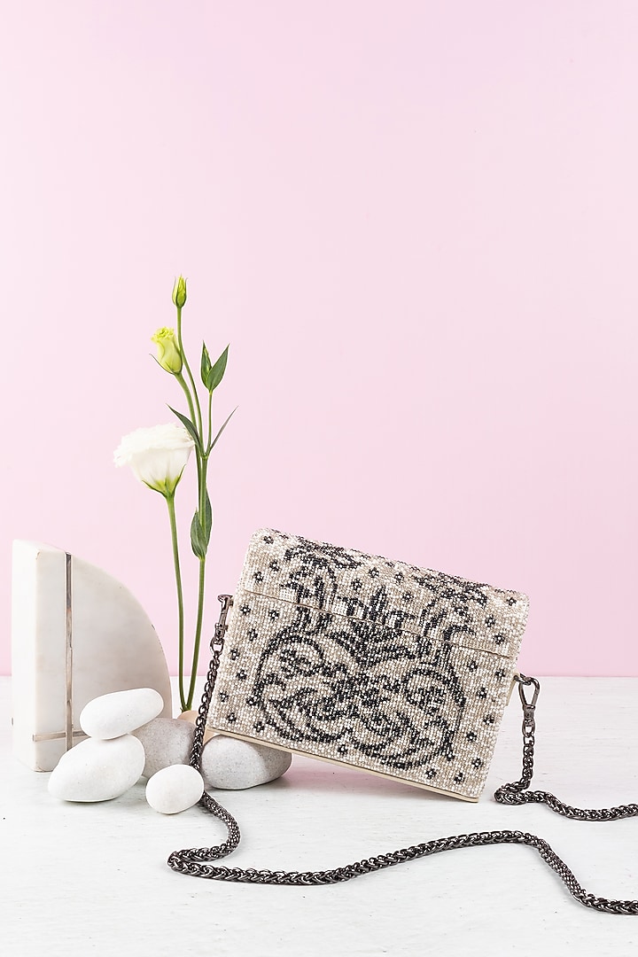 White Floral Hand Embellished Mini Box Bag by The Leather Garden at Pernia's Pop Up Shop