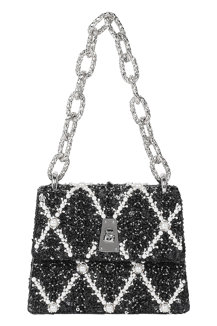 Black & Silver Leather Pearl Embellished Crossbody Bag by The Leather Garden at Pernia's Pop Up Shop