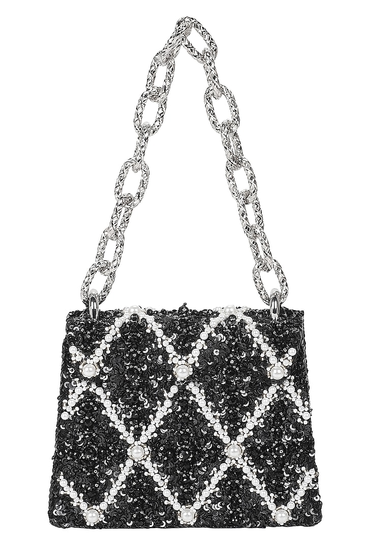 Black & Silver Leather Pearl Embellished Crossbody Bag by The Leather Garden at Pernia's Pop Up Shop