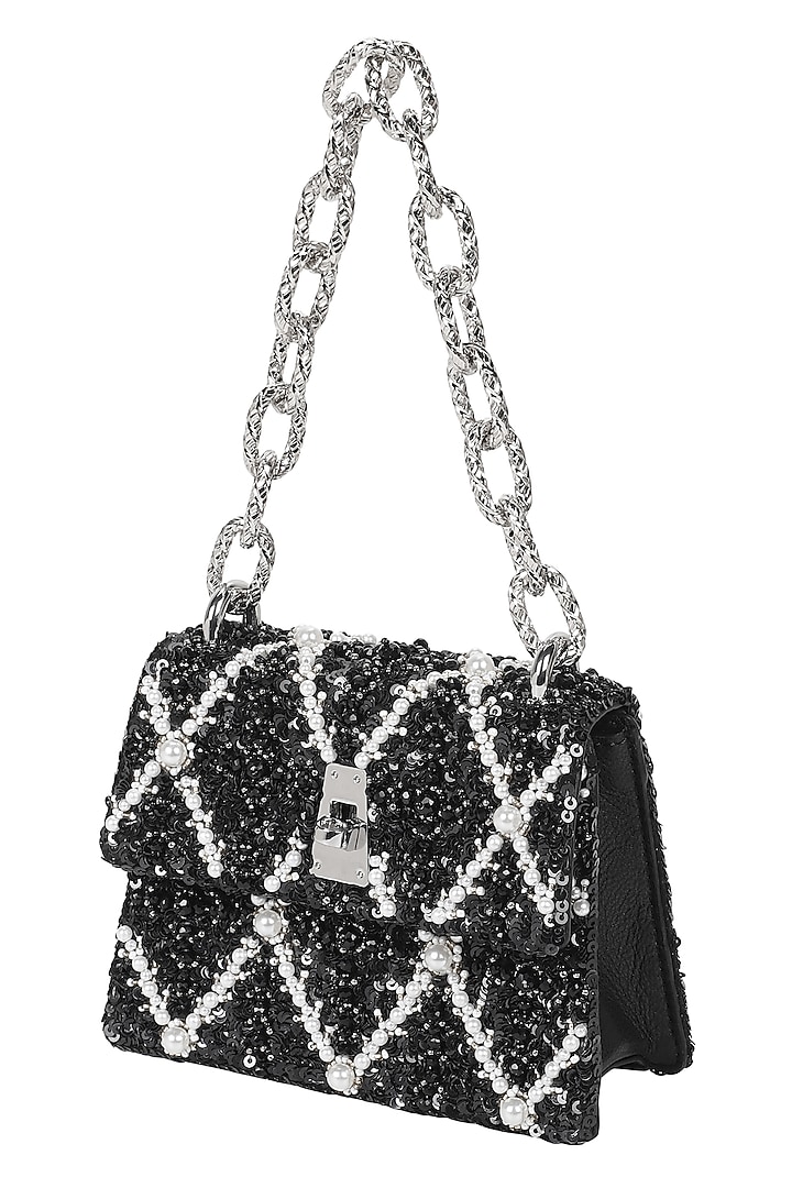 Black & Silver Leather Pearl Embellished Crossbody Bag by The Leather Garden at Pernia's Pop Up Shop
