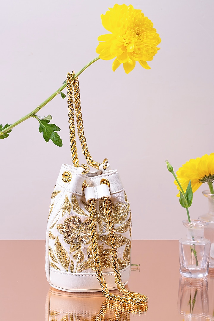 Ivory Embellished Mini Bucket Bag by The Leather Garden at Pernia's Pop Up Shop