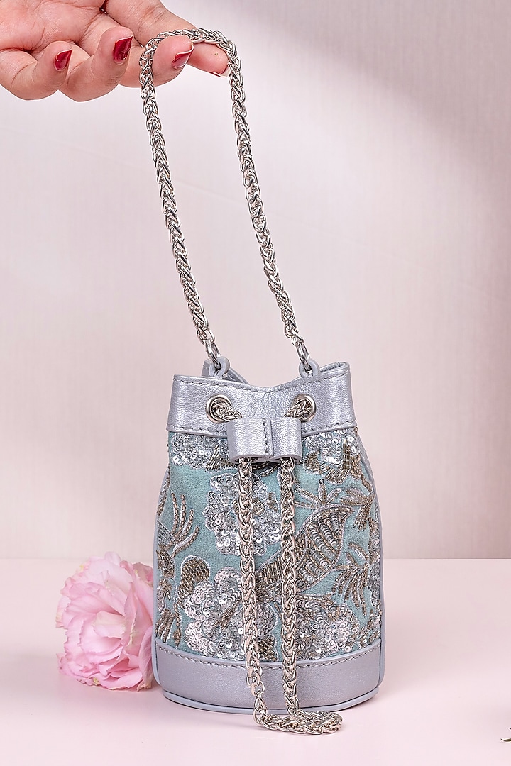 Mint Green Embellished Mini Bucket Bag by The Leather Garden at Pernia's Pop Up Shop