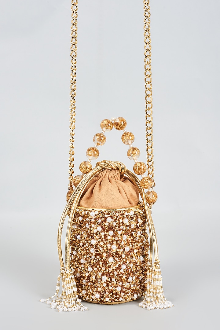 Gold Leather Embellished Potli by The Leather Garden at Pernia's Pop Up Shop