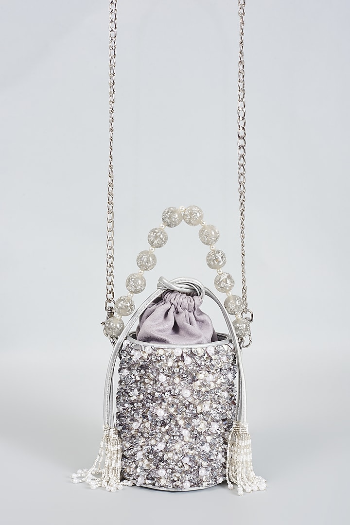 Silver Leather Embellished Potli by The Leather Garden at Pernia's Pop Up Shop