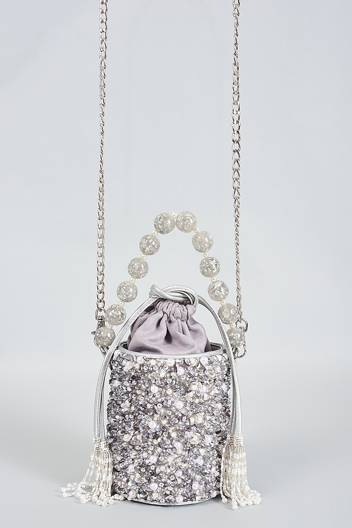 Silver Leather Embellished Potli by The Leather Garden at Pernia's Pop Up Shop