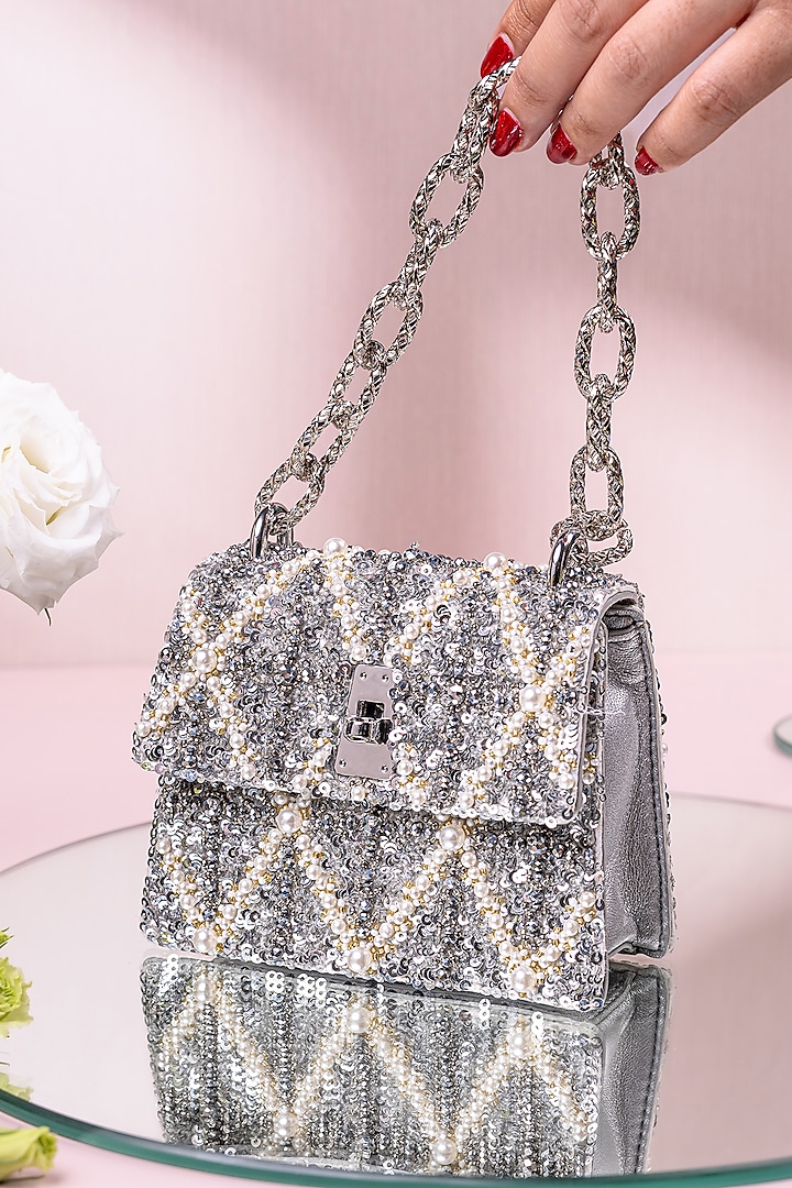 Silver Embellished Mini Bag by The Leather Garden