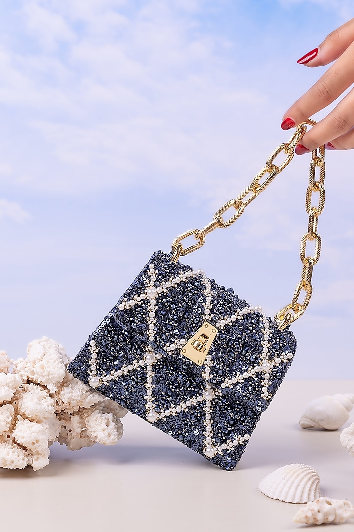 Blue Embellished Mini Bag by The Leather Garden