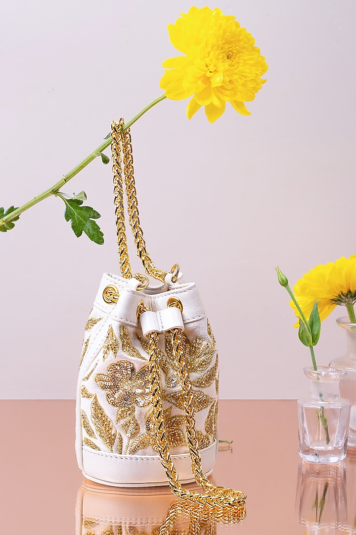 Ivory Embellished Mini Bucket Bag by The Leather Garden
