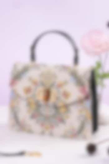 Beige Floral Jacquard Crossbody Bag by The Leather Garden