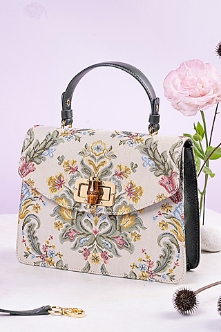 Beige Floral Jacquard Crossbody Bag by The Leather Garden