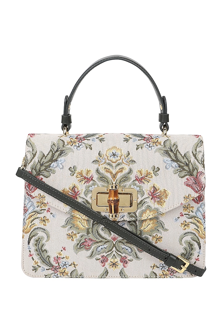 Beige Floral Jacquard Crossbody Bag by The Leather Garden at Pernia's Pop Up Shop