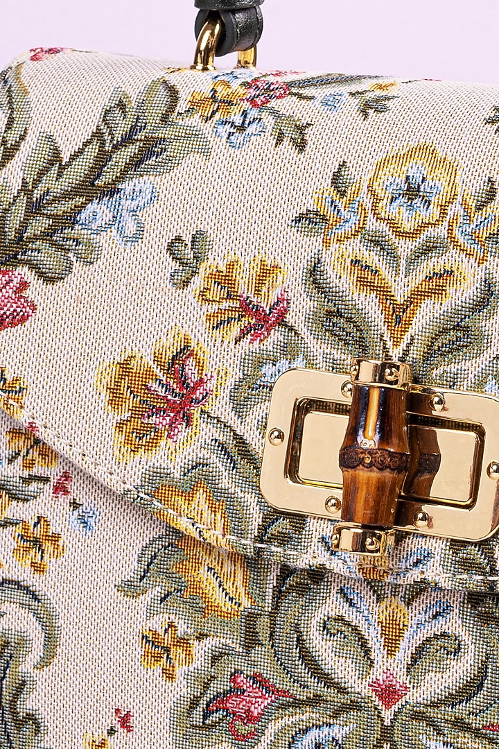 Beige Floral Jacquard Crossbody Bag by The Leather Garden at Pernia's Pop Up Shop