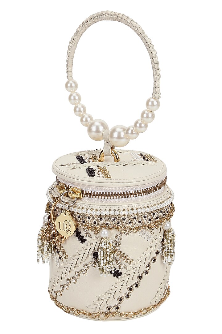 Ivory Leather Floral Embroidered Potli by The Leather Garden at Pernia's Pop Up Shop