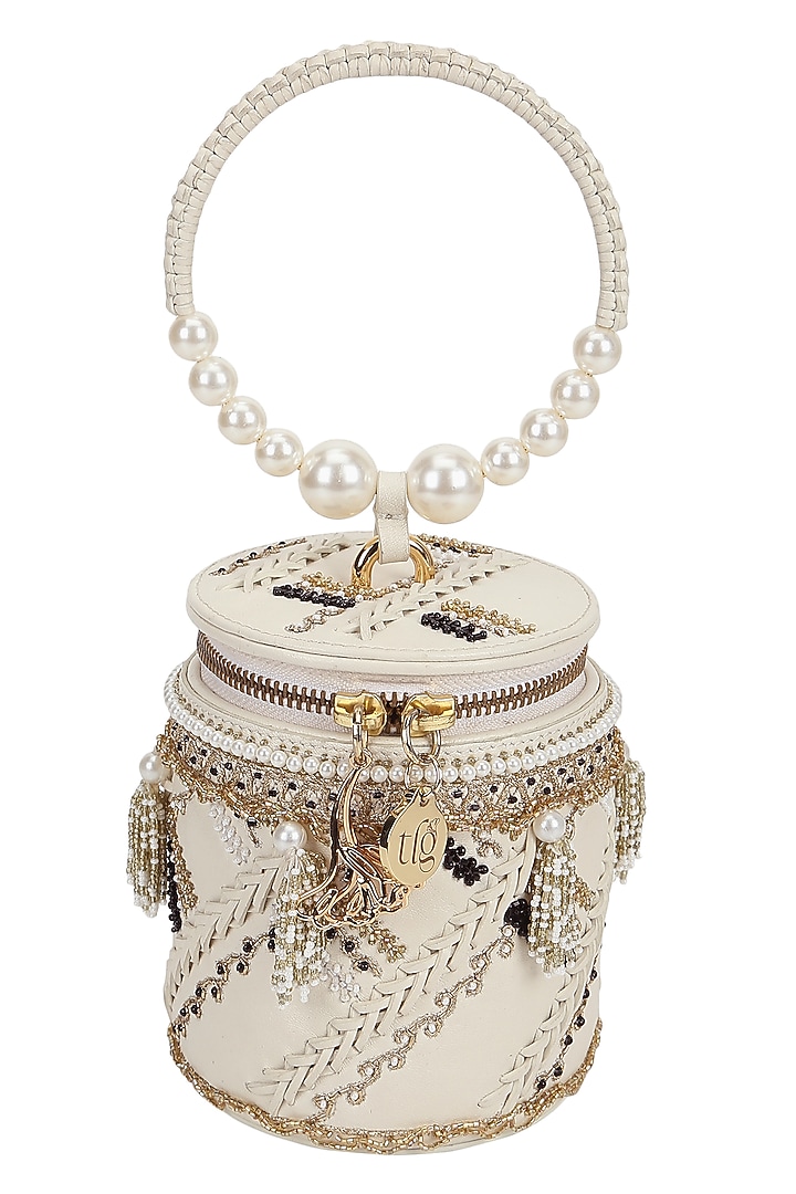 Ivory Leather Floral Embroidered Potli by The Leather Garden at Pernia's Pop Up Shop