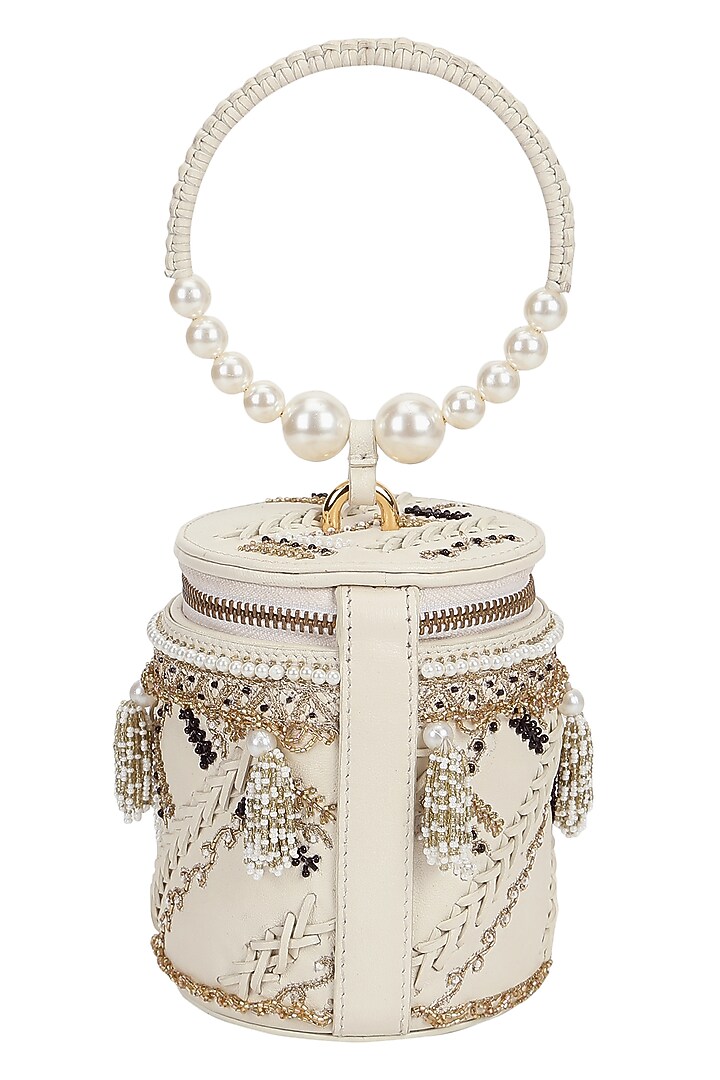 Ivory Leather Floral Embroidered Potli by The Leather Garden at Pernia's Pop Up Shop