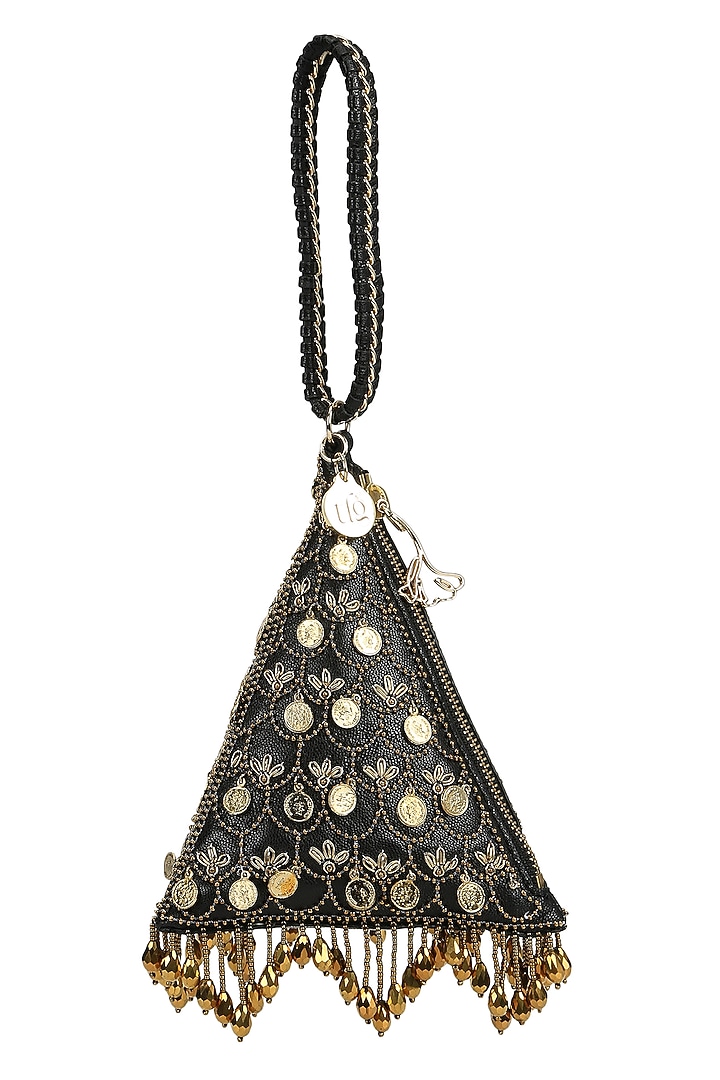 Black Leather Metallic Thread Embroidered Potli by The Leather Garden at Pernia's Pop Up Shop